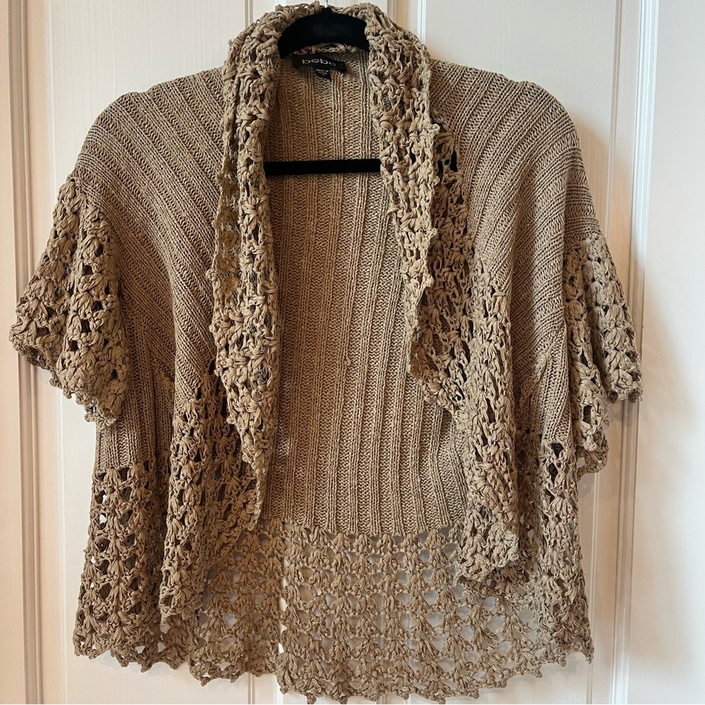 Bebe Y2K Tan Color w/Gold Shimmer. Granny Crocheted Open-Front Cardi Size Small